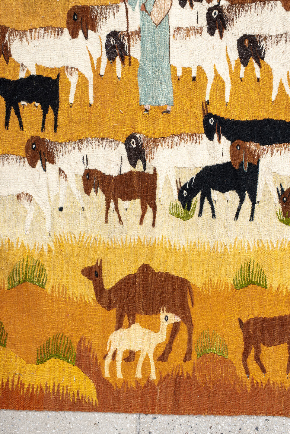 5' x 8' one-of-a-kind handmade antique Tapestry medium size rug. Color palette: ivory, gold, camel, brown, olive, black