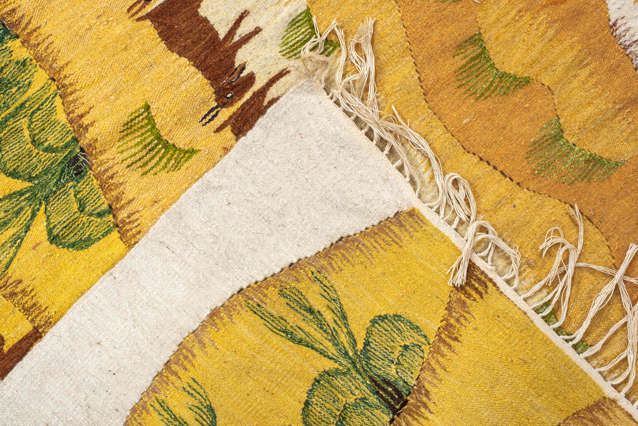5' x 8' one-of-a-kind handmade antique Tapestry medium size rug. Color palette: ivory, gold, camel, brown, olive, black