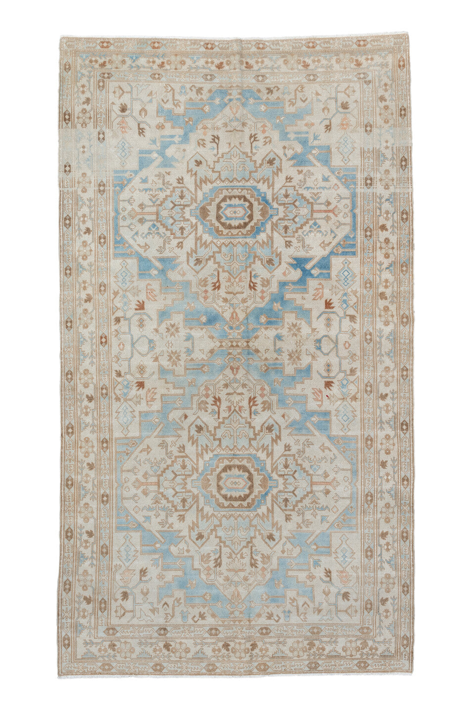4' x 8' one-of-a-kind handmade vintage Sivas rug. Color palette: gray, light gray, off-white, blue, brown, pink, silver