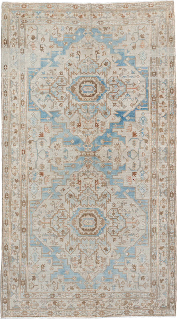 4' x 8' one-of-a-kind handmade vintage Sivas rug. Color palette: blue, brown, gray, light gray, off-white, pink, silver