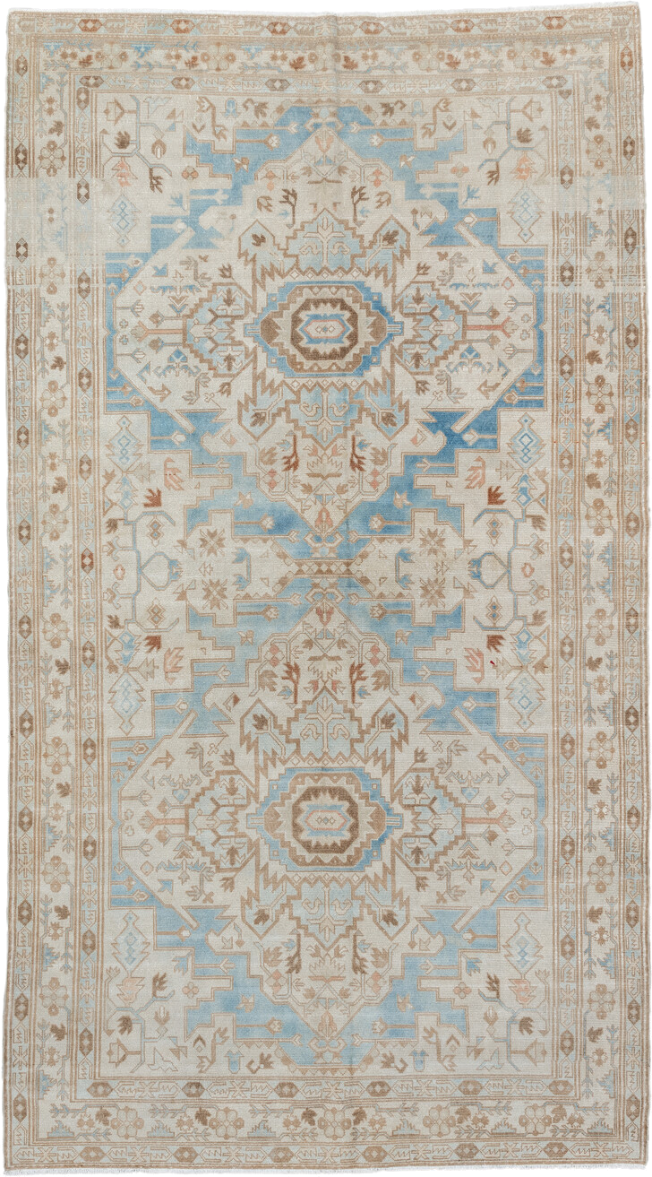 4' x 8' one-of-a-kind handmade antique Sivas rug. Color palette: ivory, sky_blue, taupe, camel, beige, light_blue