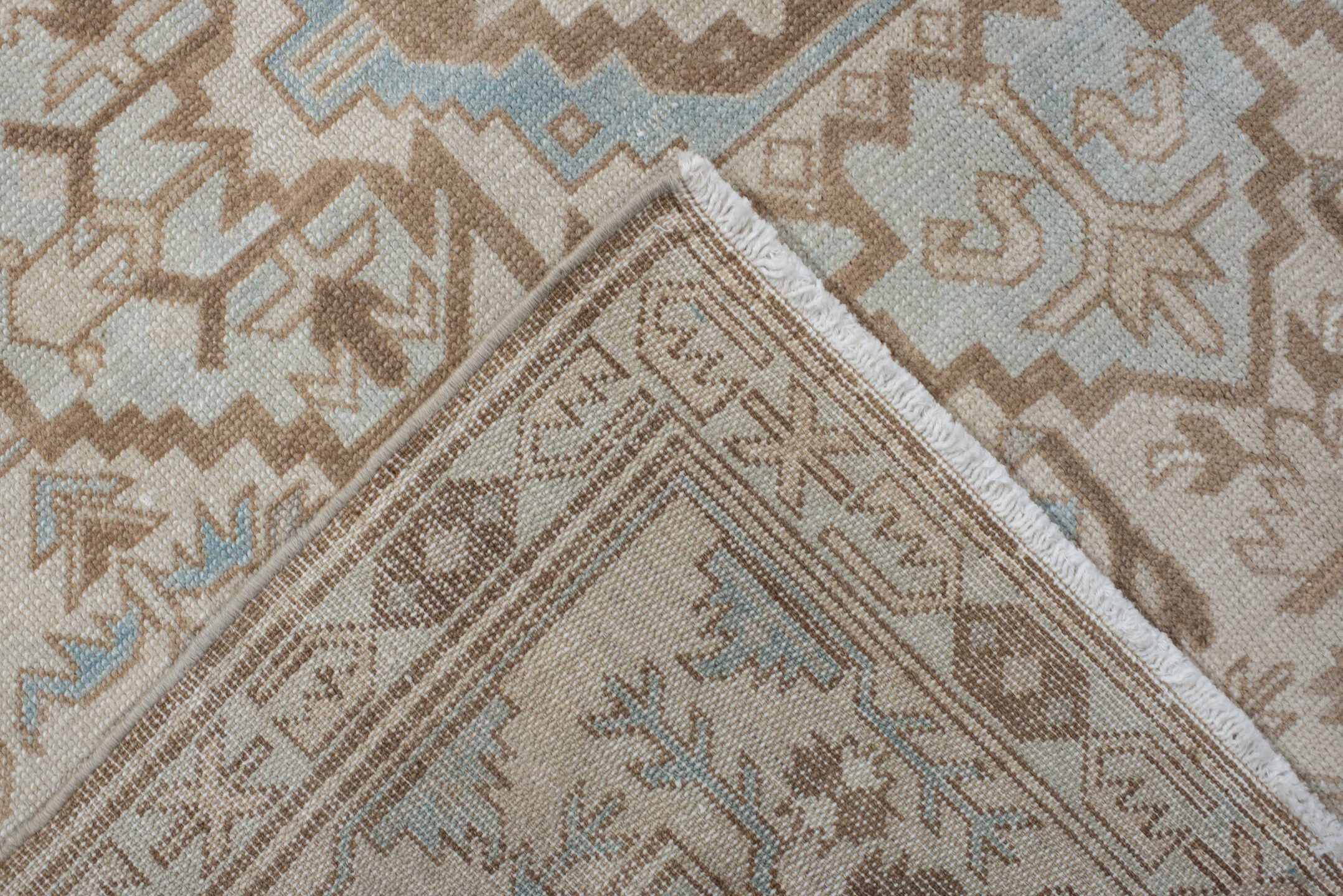 4' x 8' one-of-a-kind handmade antique Sivas rug. Color palette: ivory, sky_blue, taupe, camel, beige, light_blue