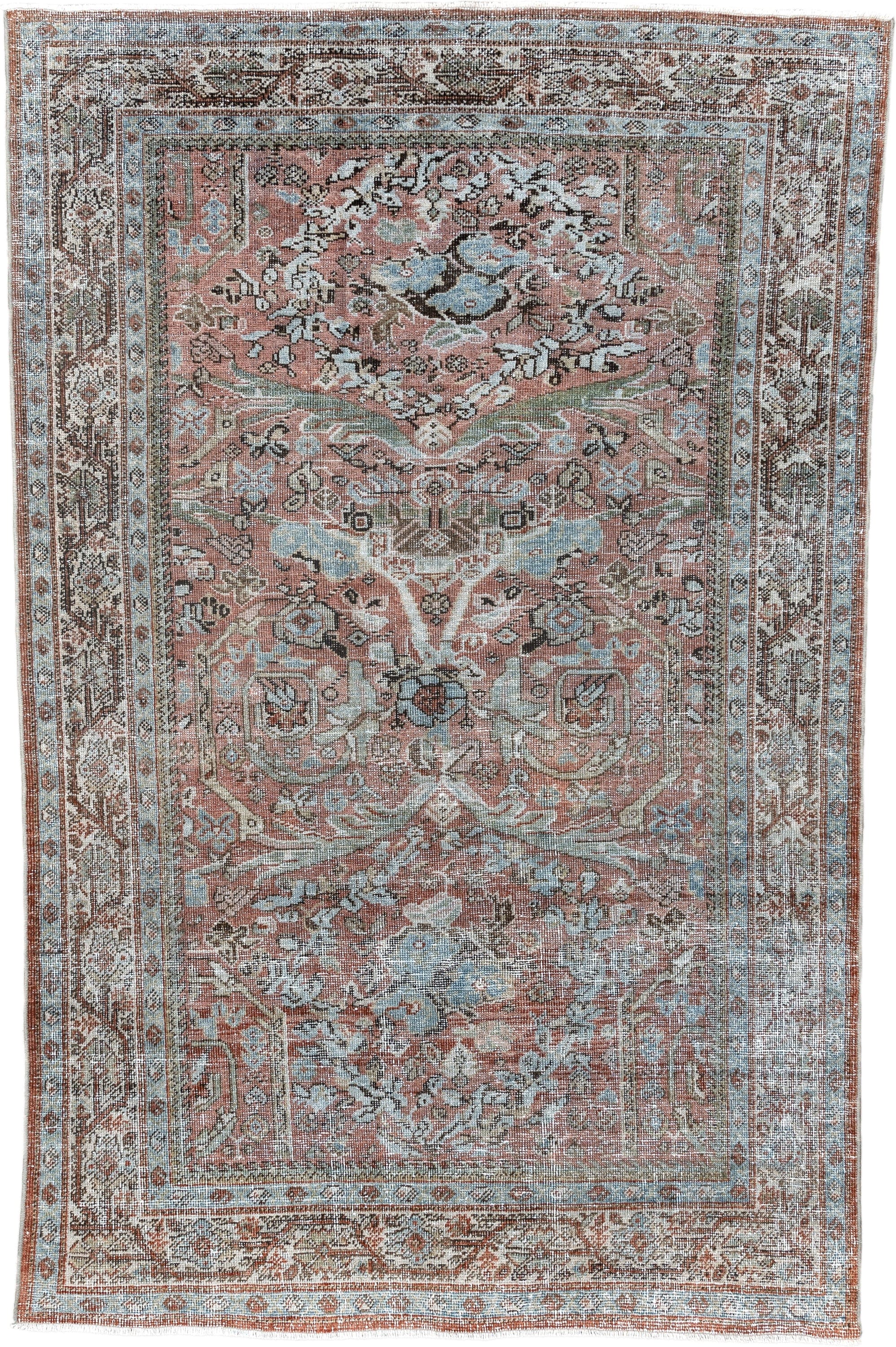 4' x 6' one-of-a-kind handmade vintage Mahal rug. Color palette: coral, ivory, pale blue, brown, taupe, rust, sage