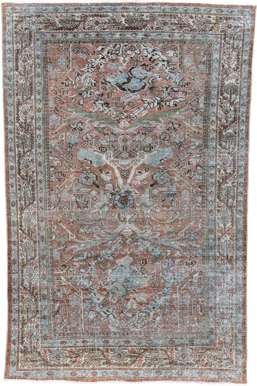 4' x 6' one-of-a-kind handmade vintage Mahal rug. Color palette: coral, ivory, pale blue, brown, taupe, rust, sage