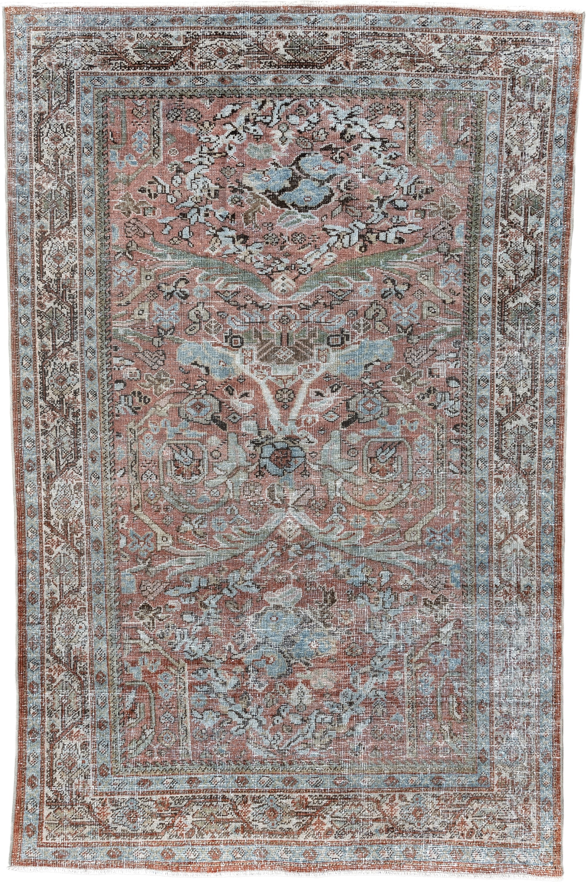 4' x 6' one-of-a-kind handmade vintage Mahal rug. Color palette: coral, ivory, pale blue, brown, taupe, rust, sage