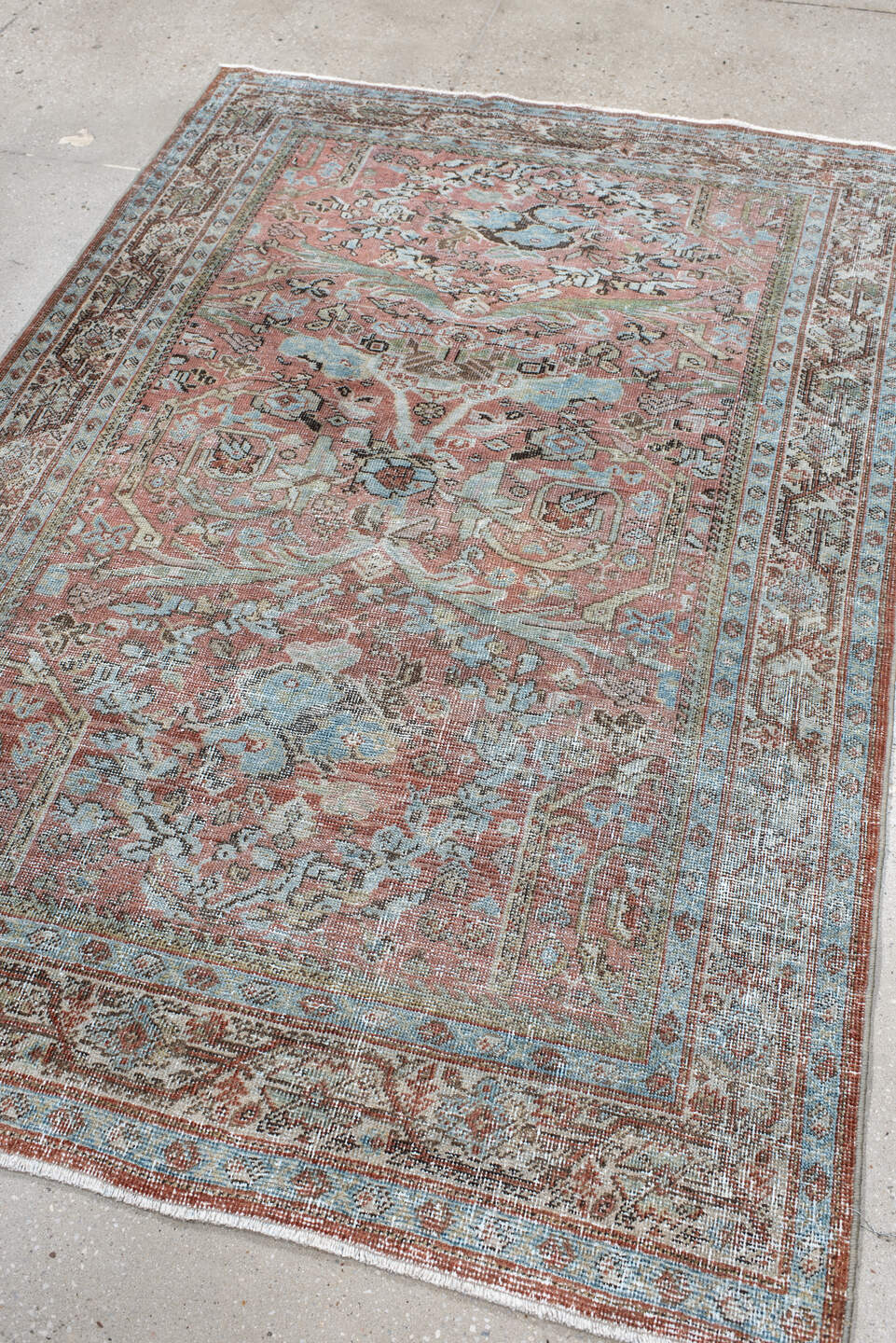 4' x 6' one-of-a-kind handmade vintage Mahal rug. Color palette: coral, ivory, pale blue, brown, taupe, rust, sage