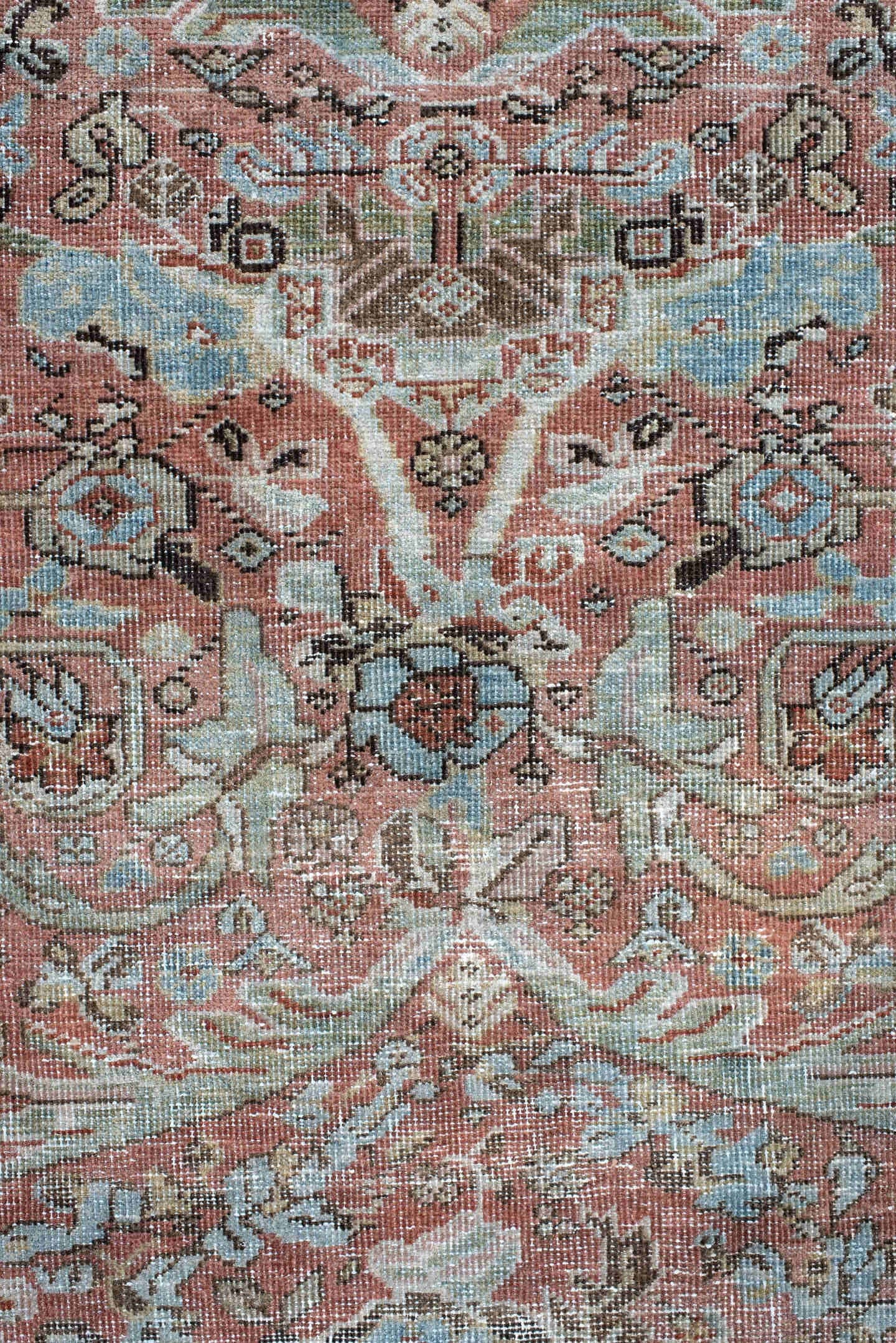 4' x 6' one-of-a-kind handmade vintage Mahal rug. Color palette: coral, ivory, pale blue, brown, taupe, rust, sage