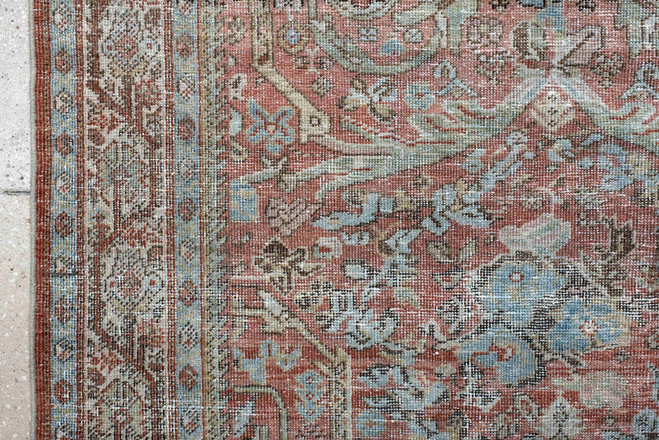 4' x 6' one-of-a-kind handmade vintage Mahal rug. Color palette: coral, ivory, pale blue, brown, taupe, rust, sage