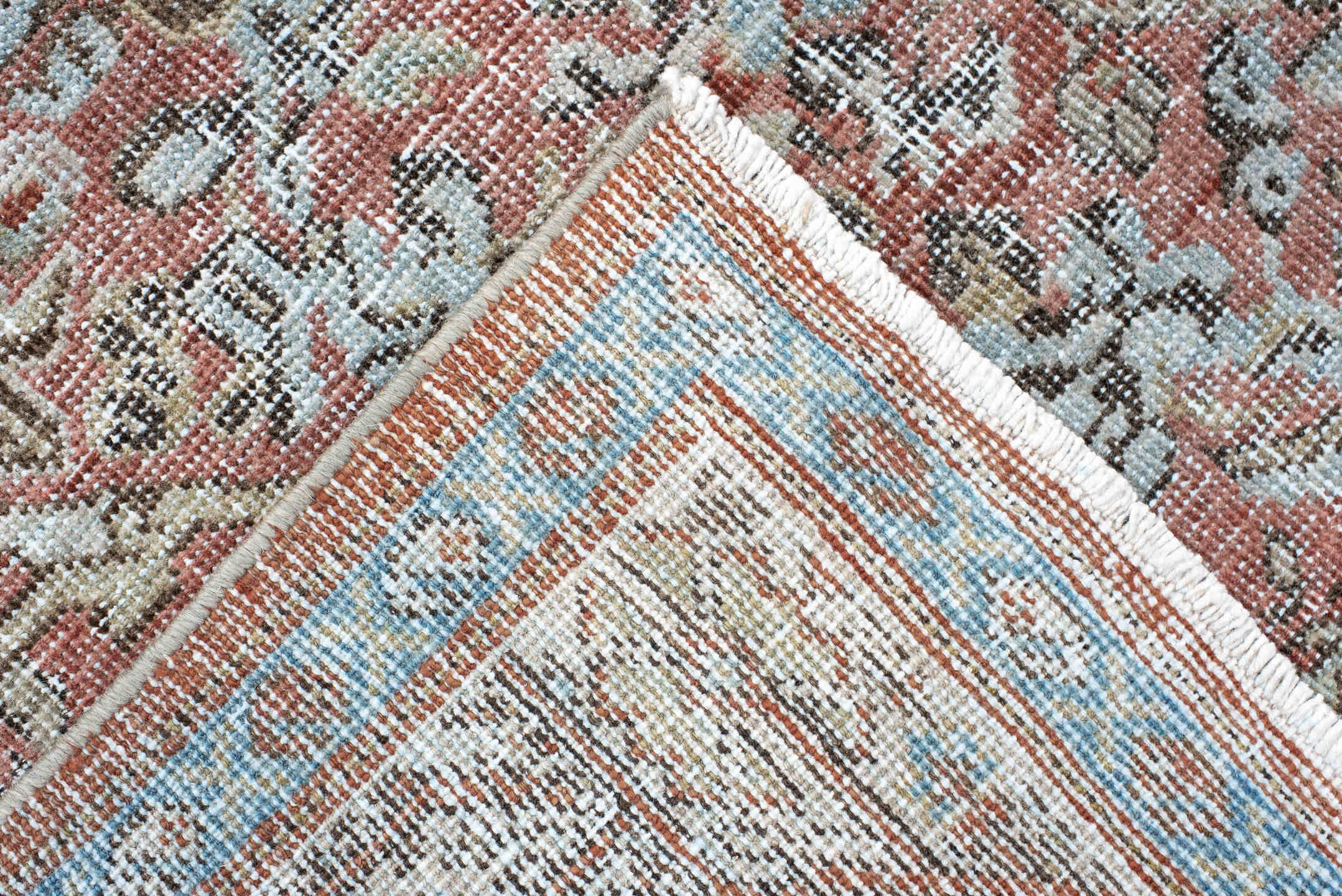 4' x 6' one-of-a-kind handmade vintage Mahal rug. Color palette: coral, ivory, pale blue, brown, taupe, rust, sage