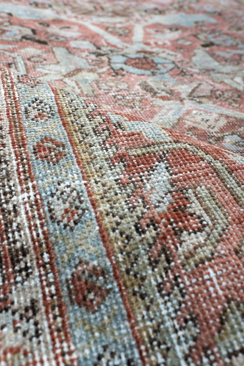 4' x 6' one-of-a-kind handmade vintage Mahal rug. Color palette: coral, ivory, pale blue, brown, taupe, rust, sage