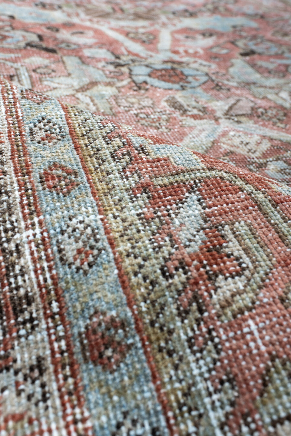 4' x 6' one-of-a-kind handmade vintage Mahal rug. Color palette: coral, ivory, pale blue, brown, taupe, rust, sage