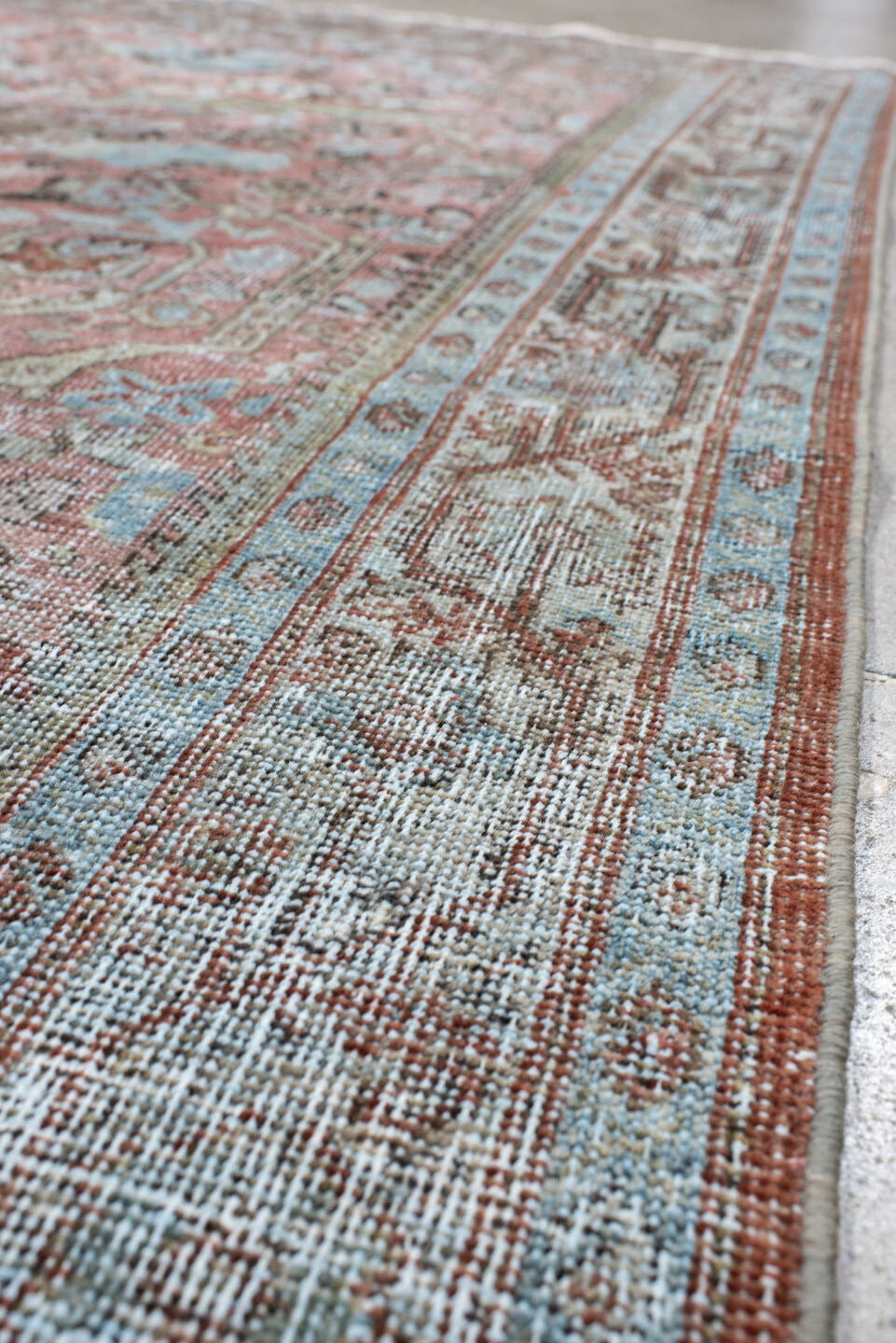 4' x 6' one-of-a-kind handmade vintage Mahal rug. Color palette: coral, ivory, pale blue, brown, taupe, rust, sage