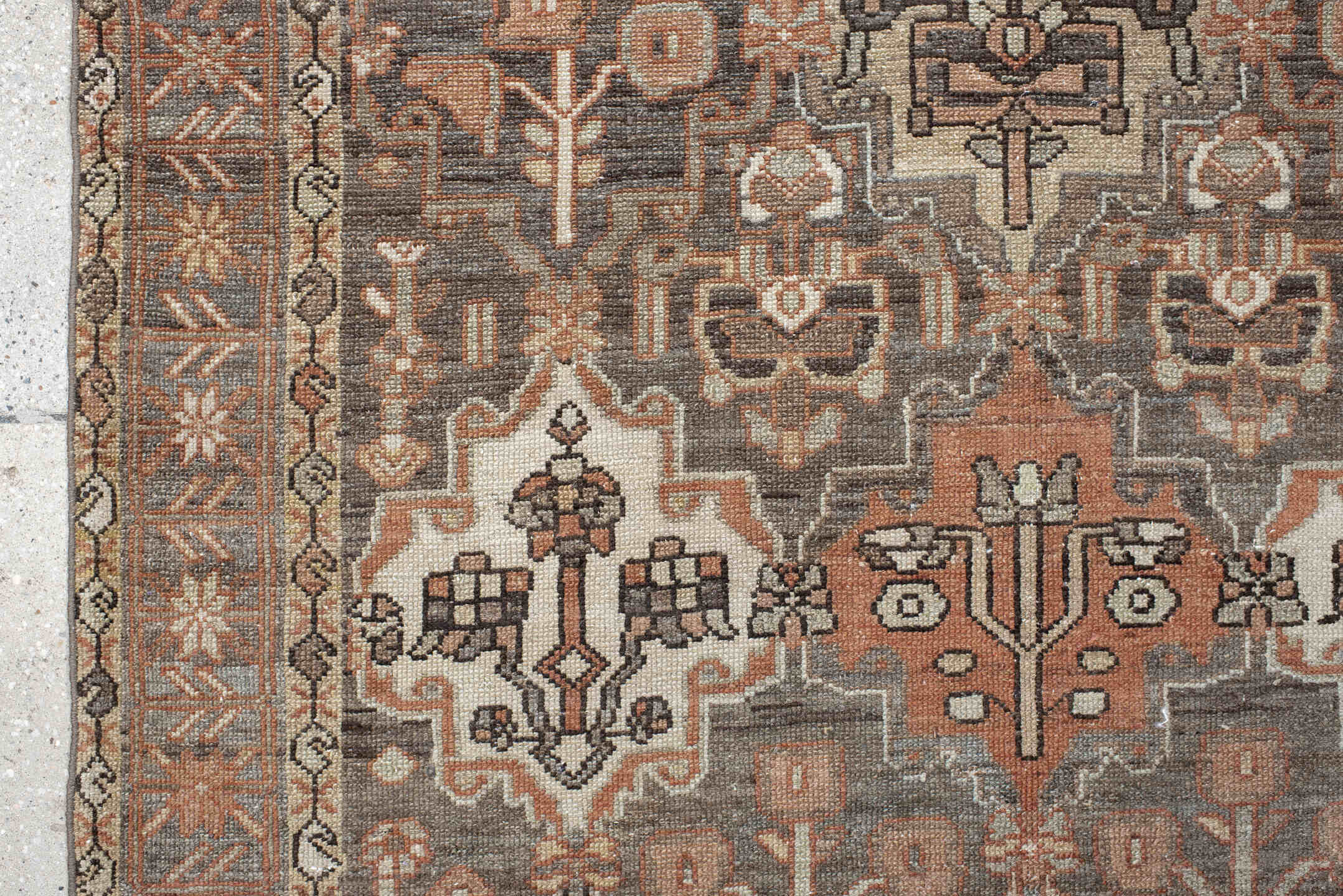 4' x 7' one-of-a-kind handmade vintage Baktiary rug. Color palette: taupe, terra cotta, ivory, slate, camel, charcoal, rose