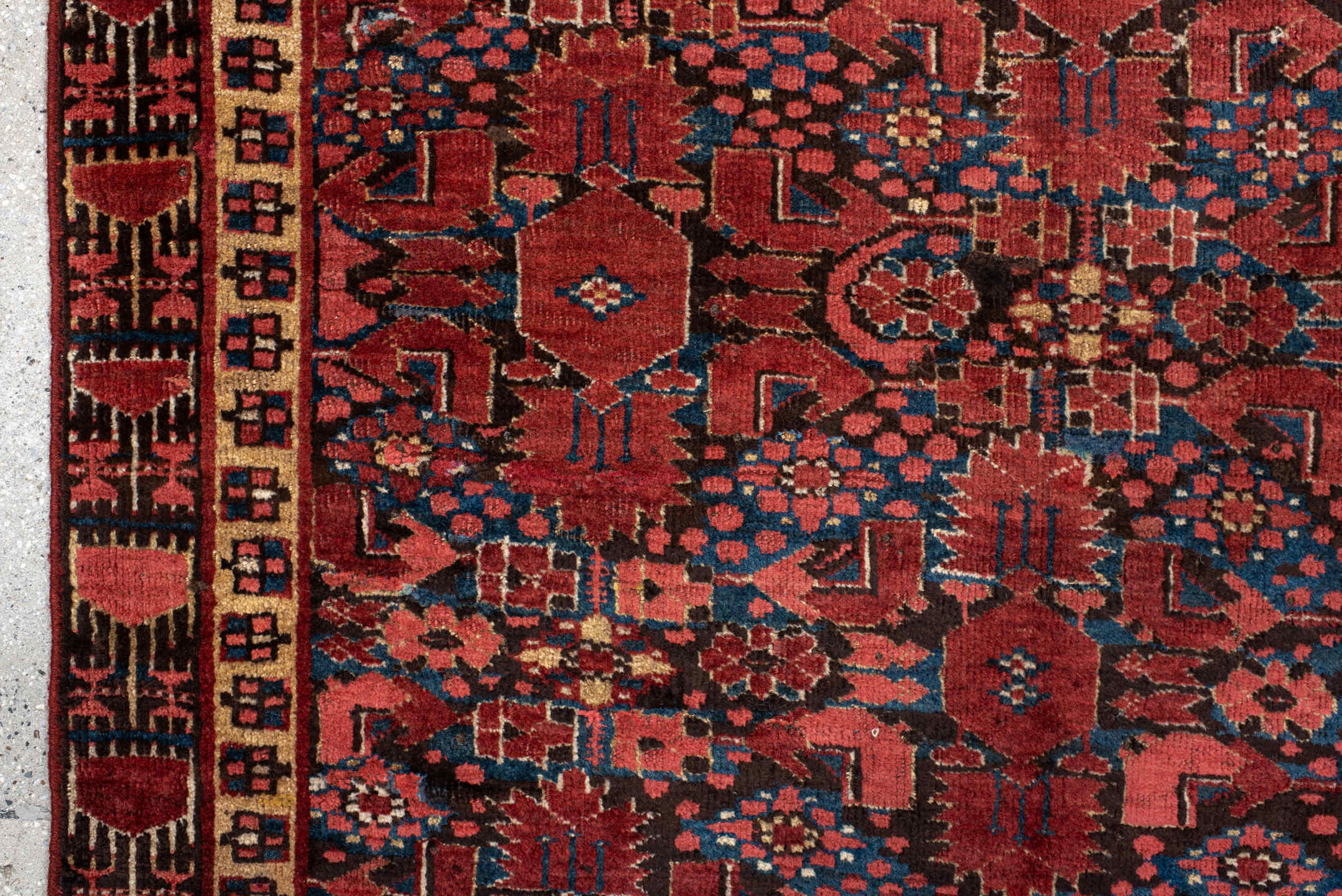4' x 5' one-of-a-kind handmade vintage Beshir small size rug. Color palette: bisque, black, blue, brown, gray, off-white
