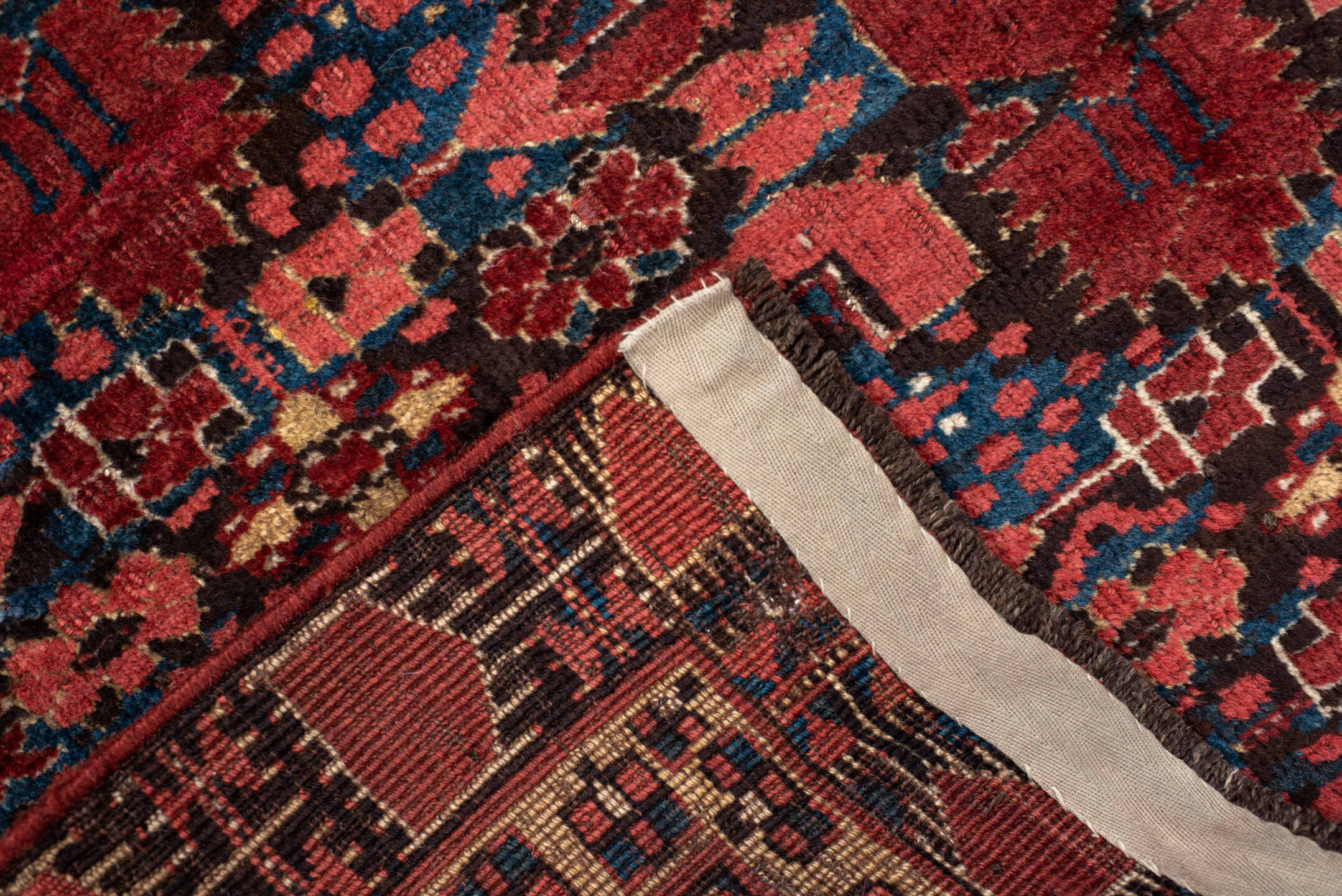 4' x 5' one-of-a-kind handmade vintage Beshir small size rug. Color palette: bisque, black, blue, brown, gray, off-white