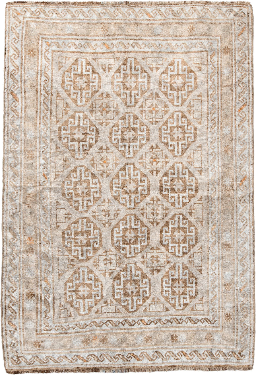 4' x 6' one-of-a-kind handmade antique Gabbe small size rug. Color palette: ivory, camel, tan, taupe, beige, soft orange