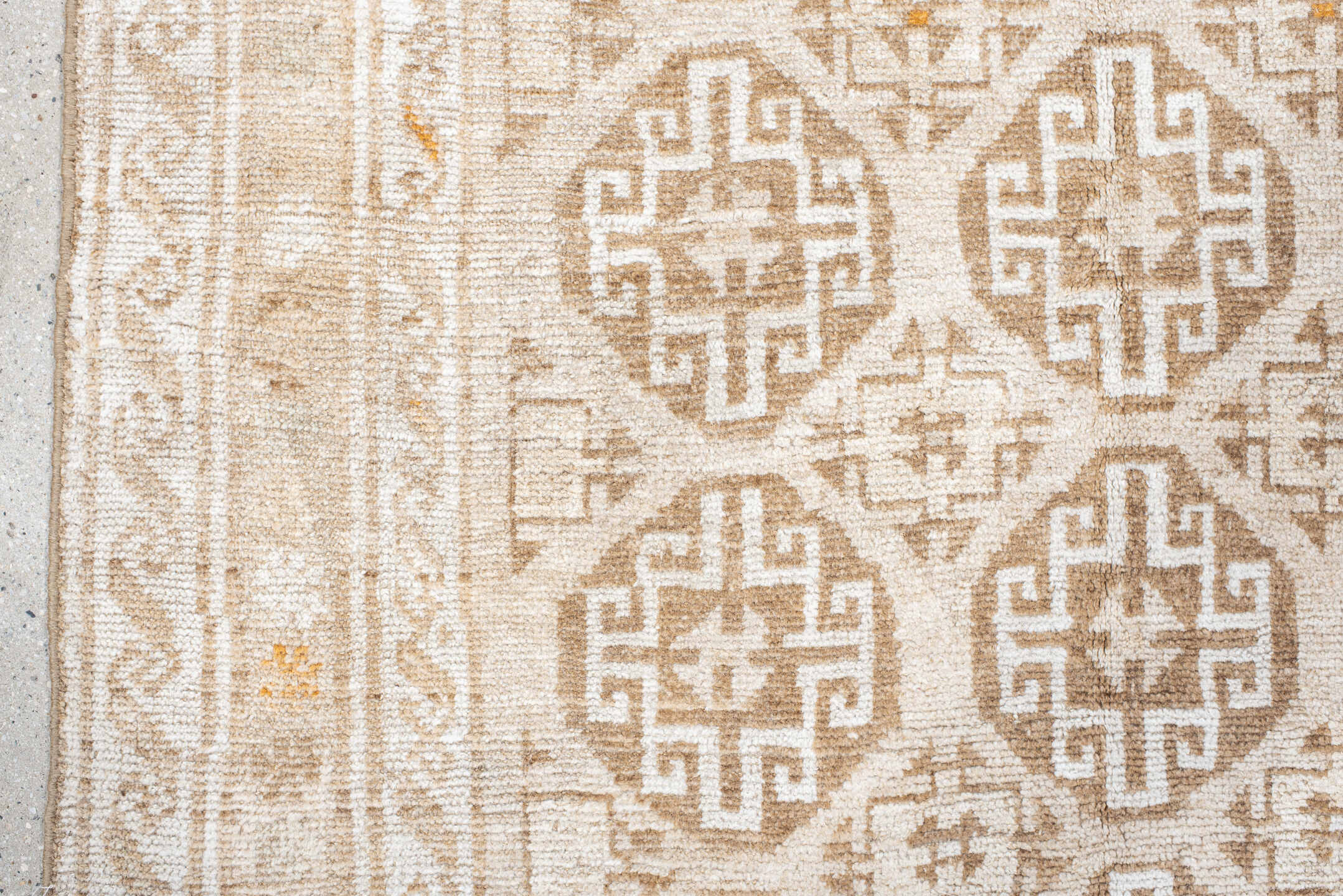 4' x 6' one-of-a-kind handmade antique Gabbe small size rug. Color palette: ivory, camel, tan, taupe, beige, soft orange
