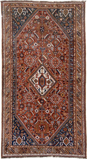 6' x 11' one-of-a-kind handmade antique Qashqai large size rug. Color palette: rust, navy, ivory, terracotta, camel