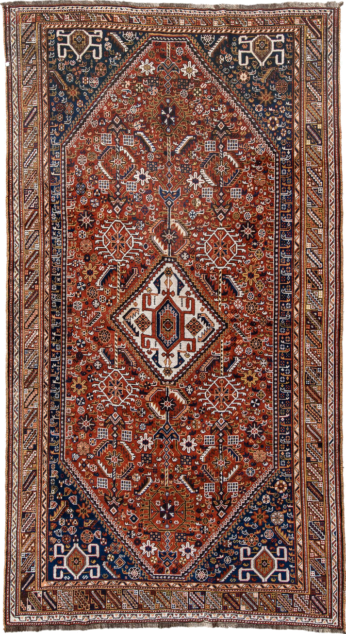 6' x 11' one-of-a-kind handmade vintage Qashqai large size rug. Color palette: antiquewhite, brown, dark gray, dim gray