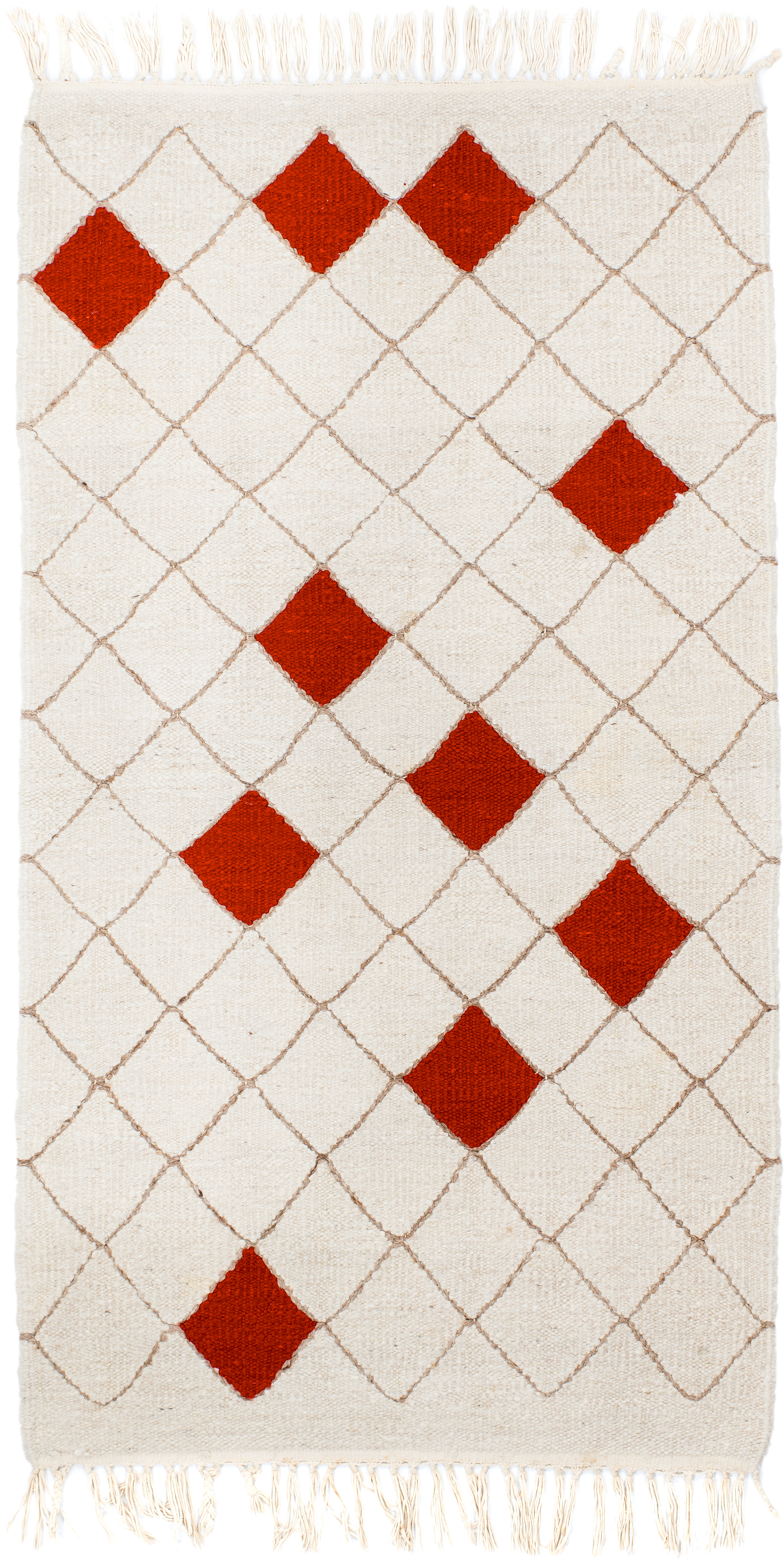 3' x 5' one-of-a-kind handmade vintage Kilim small size rug. Color palette: ivory, rust, taupe, terracotta, brown, beige