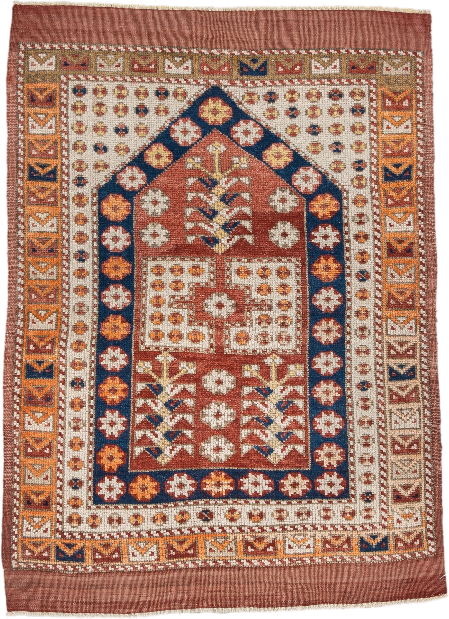 3' x 4' one-of-a-kind handmade antique Anatolian small size rug. Color palette: terracotta, ivory, indigo, rust, gold, camel