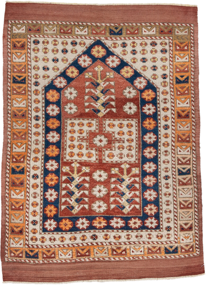 3' x 4' one-of-a-kind handmade antique Anatolian small size rug. Color palette: terracotta, ivory, indigo, rust, gold, camel