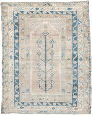 4' x 5' one-of-a-kind handmade vintage Anatolian small size rug. Color palette: ivory, sky_blue, beige, blush, taupe