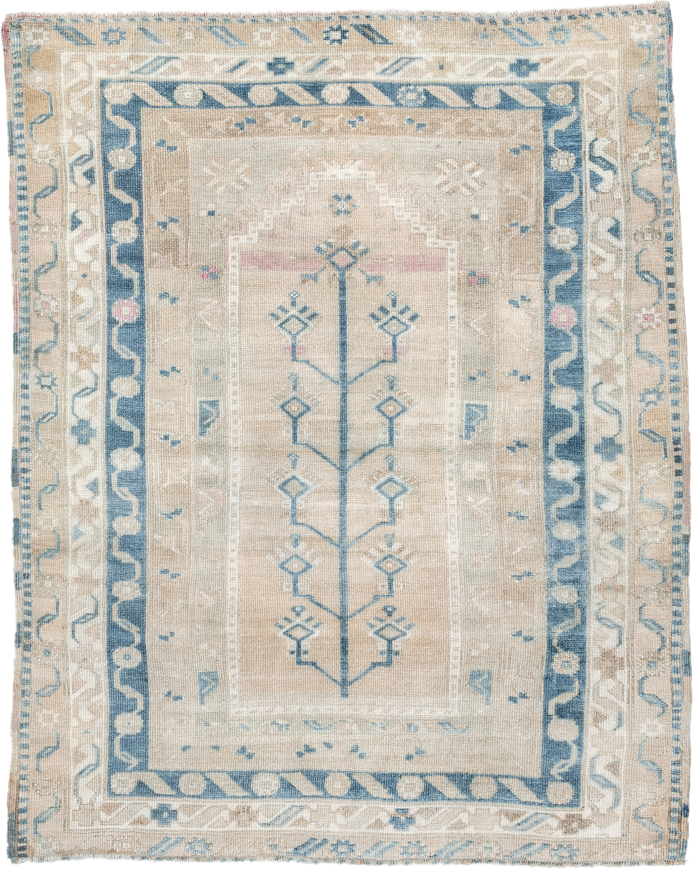 4' x 5' one-of-a-kind handmade vintage Anatolian small size rug. Color palette: ivory, sky_blue, beige, blush, taupe