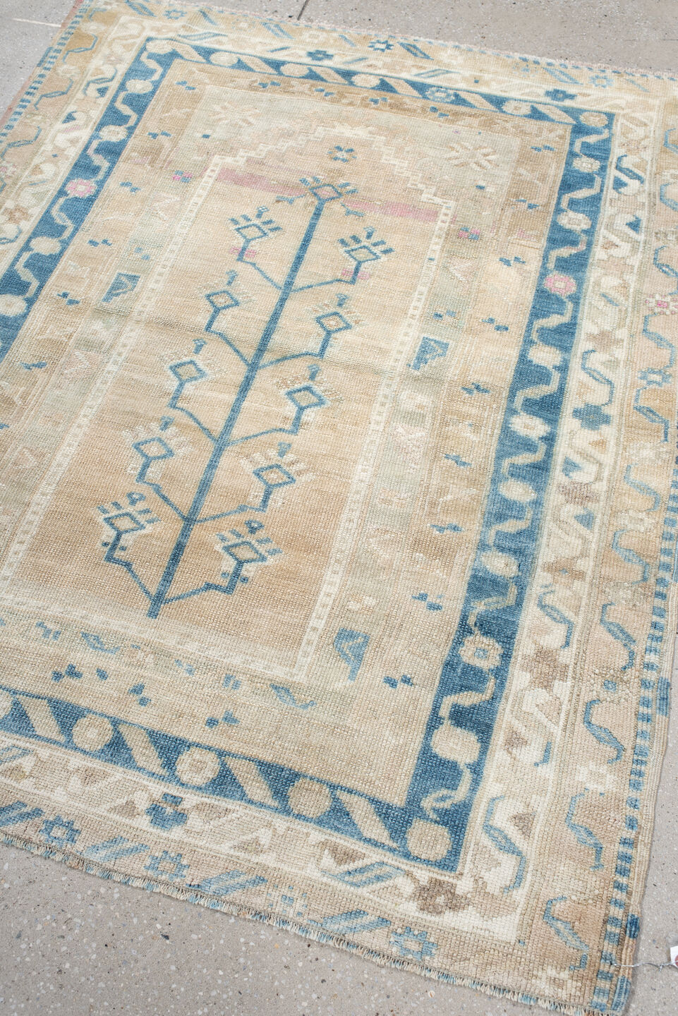 4' x 5' one-of-a-kind handmade vintage Anatolian small size rug. Color palette: ivory, sky_blue, beige, blush, taupe