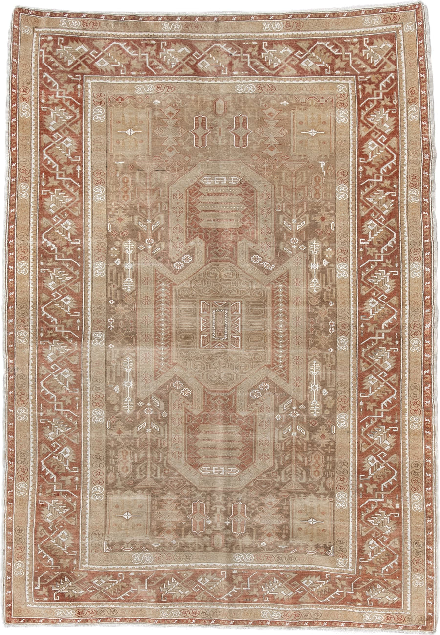 4' x 5' one-of-a-kind handmade antique Kaisary small size rug. Color palette: camel, rust, taupe, ivory, sand, terracotta