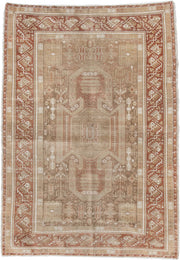 4' x 5' one-of-a-kind handmade antique Kaisary small size rug. Color palette: camel, rust, taupe, ivory, sand, terracotta