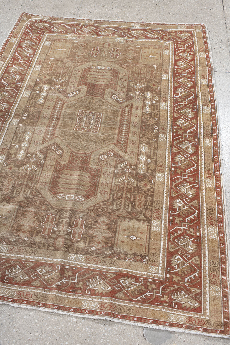 4' x 5' one-of-a-kind handmade antique Kaisary small size rug. Color palette: camel, rust, taupe, ivory, sand, terracotta