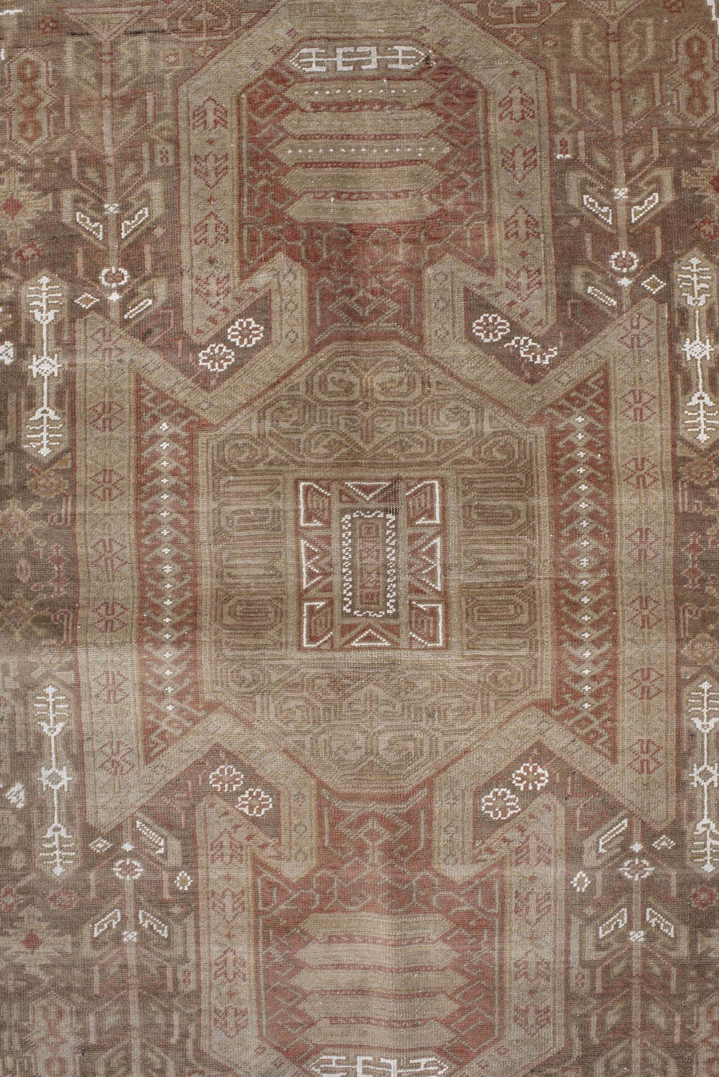 4' x 5' one-of-a-kind handmade antique Kaisary small size rug. Color palette: camel, rust, taupe, ivory, sand, terracotta