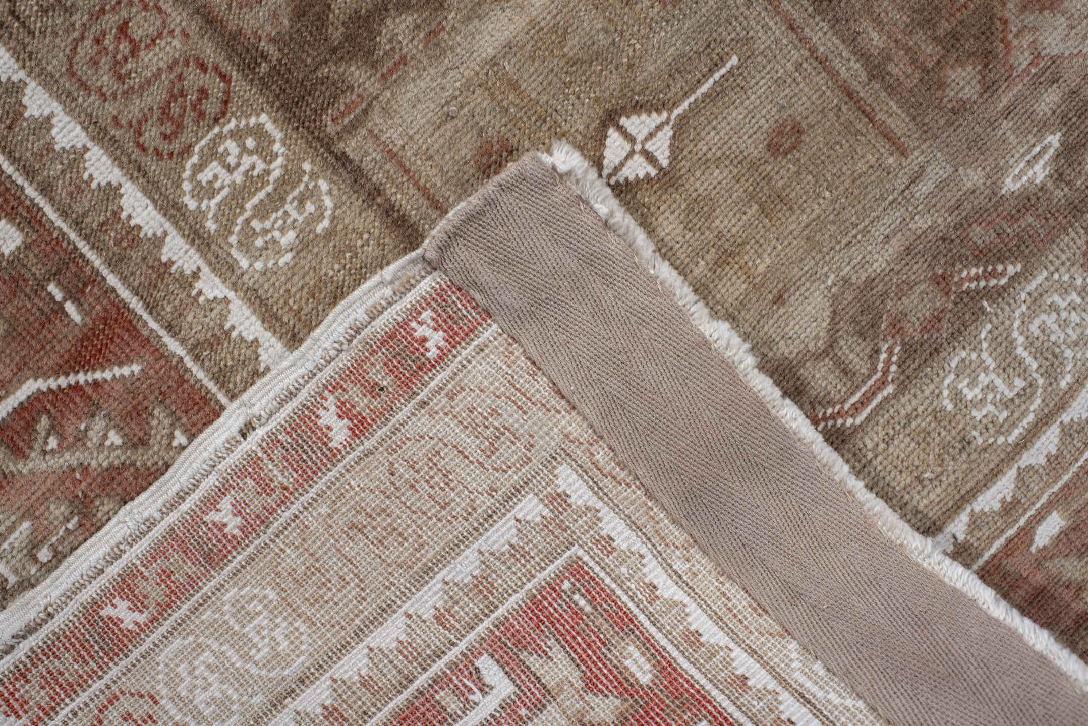 4' x 5' one-of-a-kind handmade antique Kaisary small size rug. Color palette: camel, rust, taupe, ivory, sand, terracotta