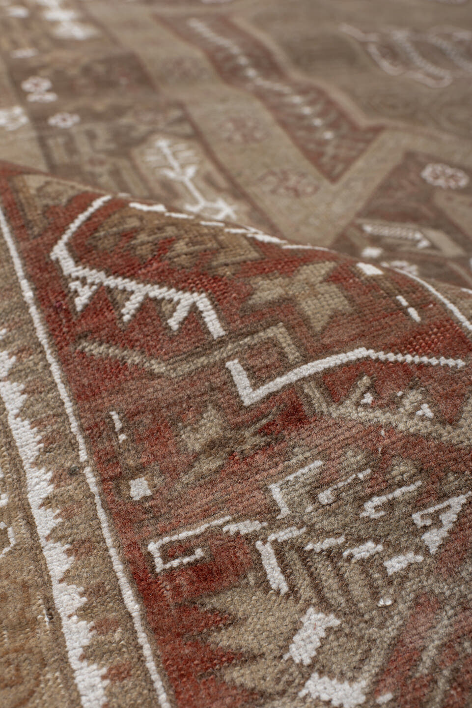 4' x 5' one-of-a-kind handmade antique Kaisary small size rug. Color palette: camel, rust, taupe, ivory, sand, terracotta