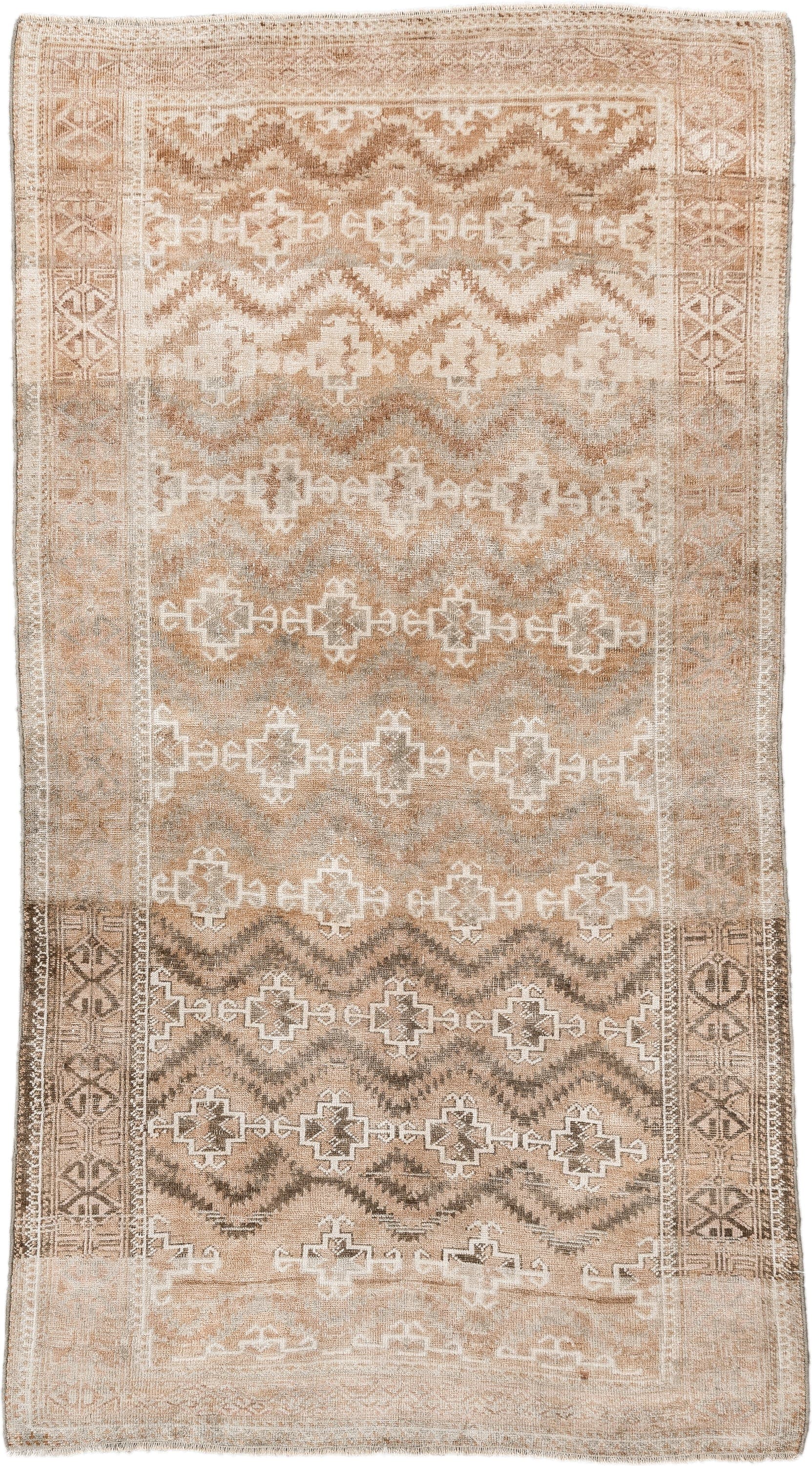 3' x 6' one-of-a-kind handmade antique Belouch small size rug. Color palette: camel, ivory, taupe, brown, sand, beige, gray