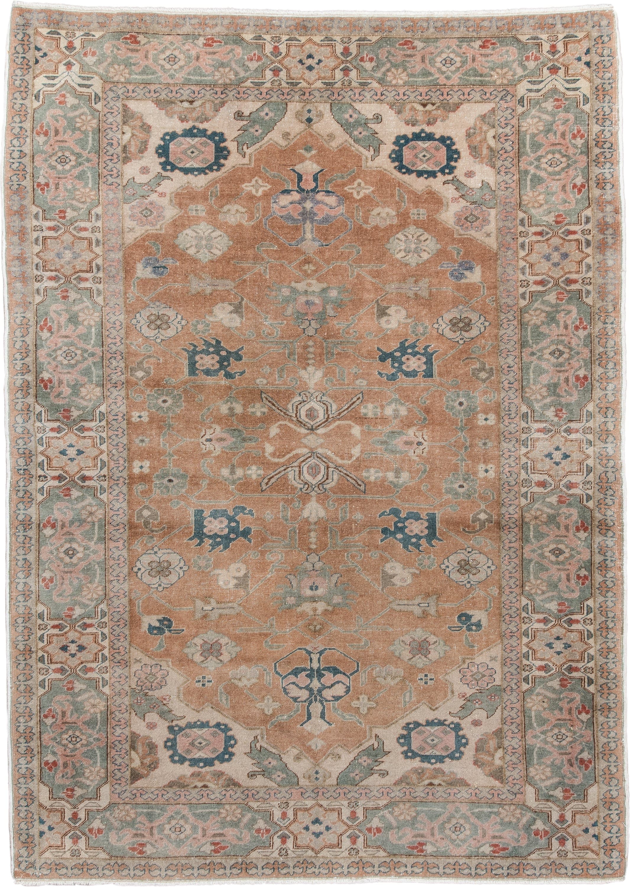 4' x 5' one-of-a-kind handmade antique Sivas small size rug. Color palette: peach, pale aqua, ivory, slate blue, coral