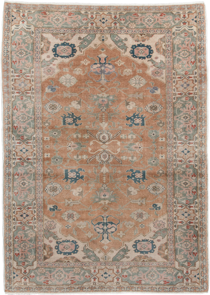 4' x 5' one-of-a-kind handmade antique Sivas small size rug. Color palette: peach, pale aqua, ivory, slate blue, coral