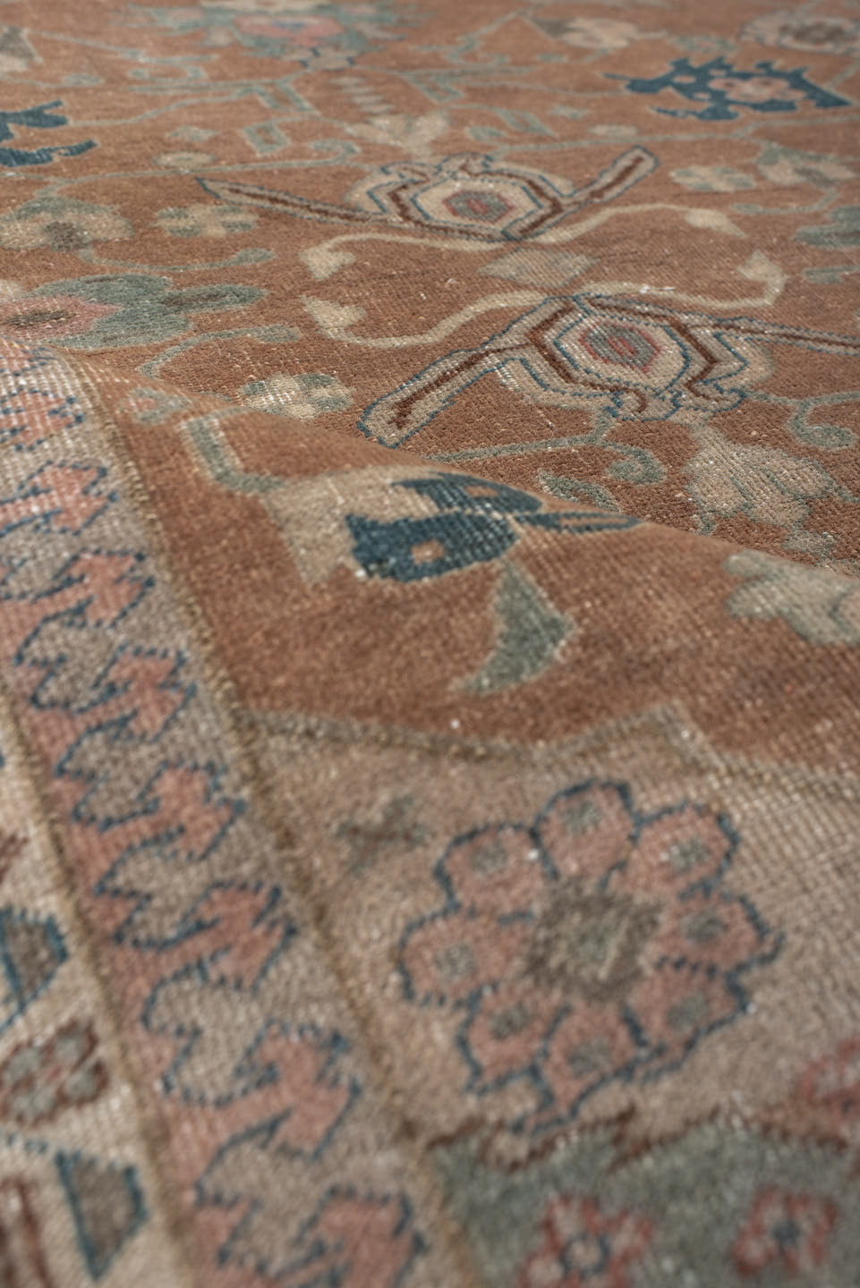 4' x 5' one-of-a-kind handmade antique Sivas small size rug. Color palette: peach, pale aqua, ivory, slate blue, coral