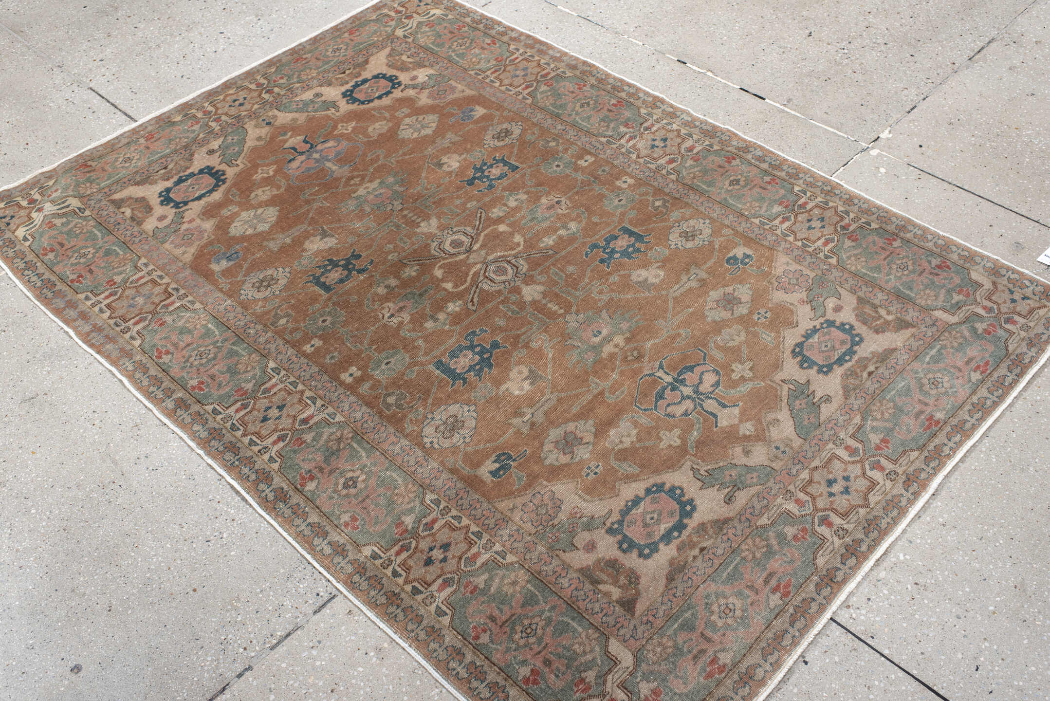 4' x 5' one-of-a-kind handmade antique Sivas small size rug. Color palette: peach, pale aqua, ivory, slate blue, coral