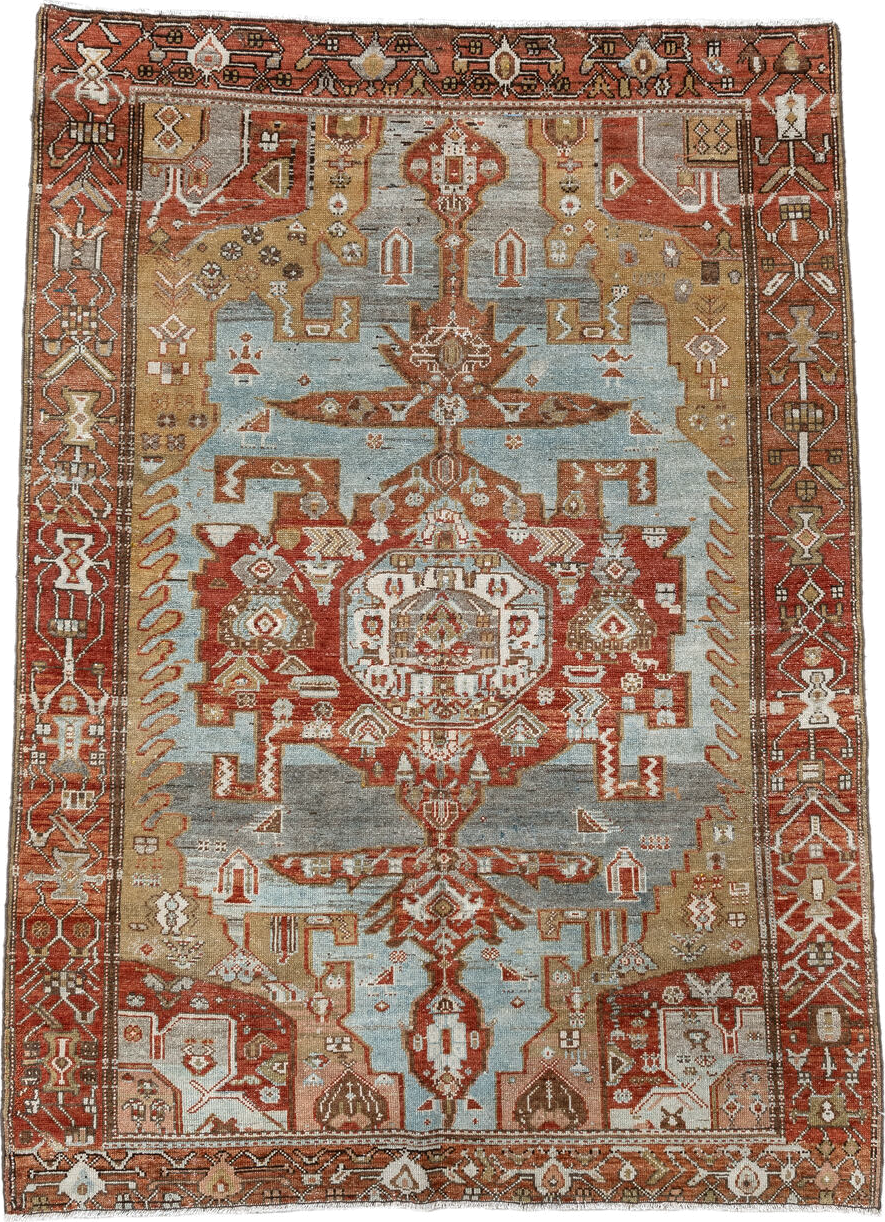 4' x 6' one-of-a-kind handmade vintage Malayer small size rug. Color palette: rust, sky blue, ivory, camel, terra cotta