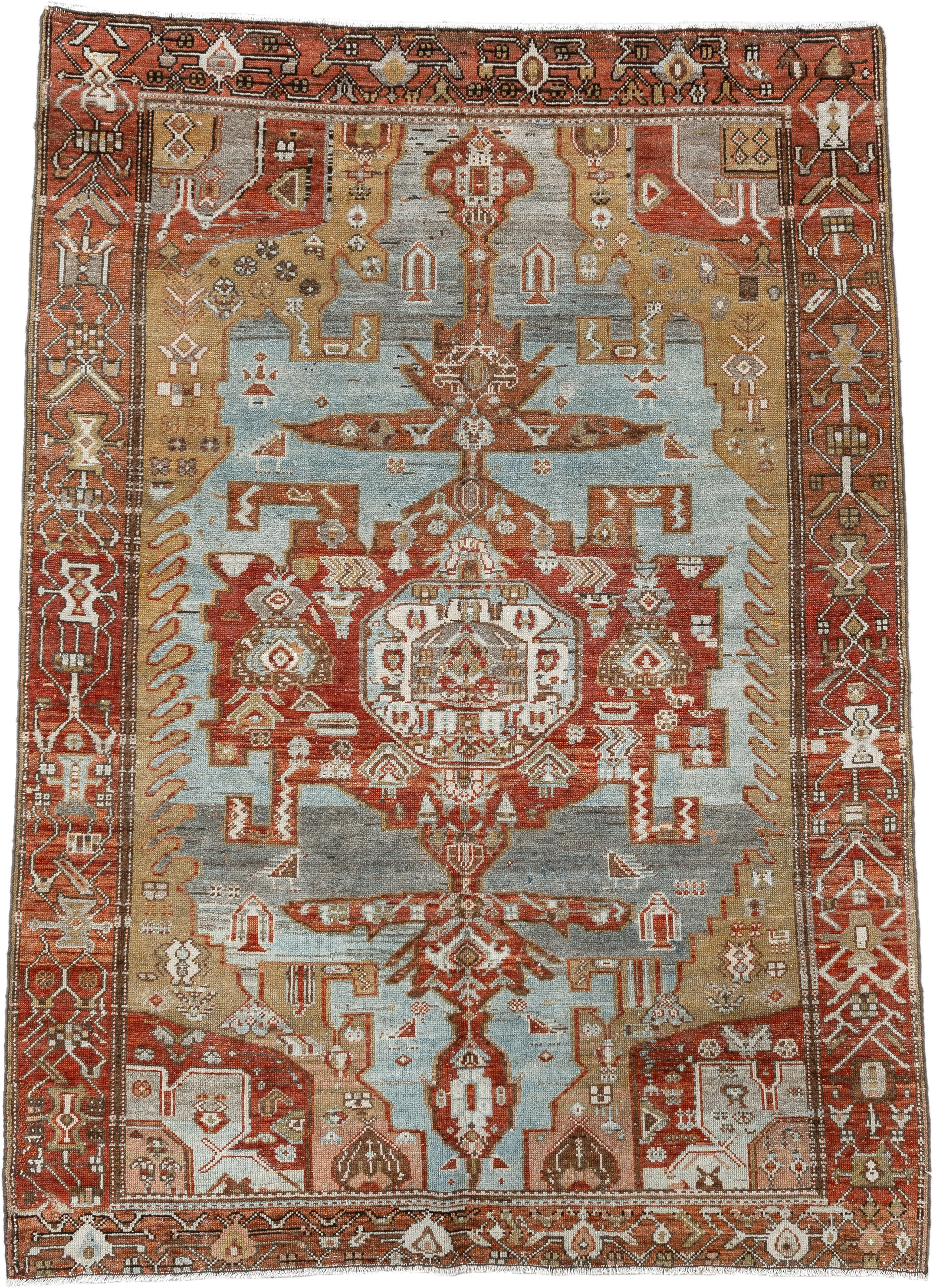 4' x 6' one-of-a-kind handmade vintage Malayer small size rug. Color palette: rust, sky blue, ivory, camel, terra cotta