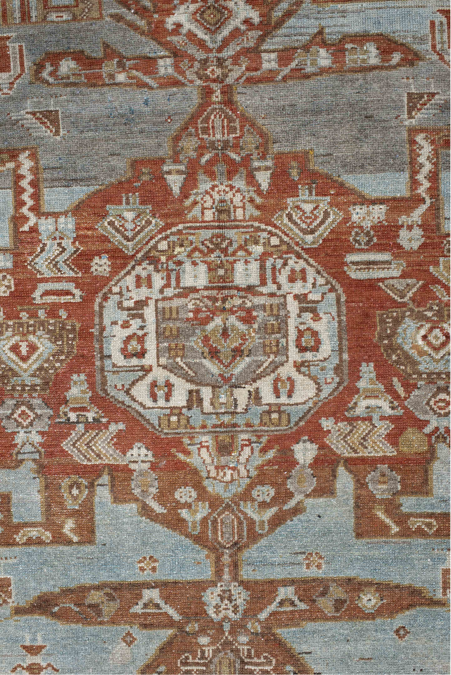 4' x 6' one-of-a-kind handmade vintage Malayer small size rug. Color palette: rust, sky blue, ivory, camel, terra cotta