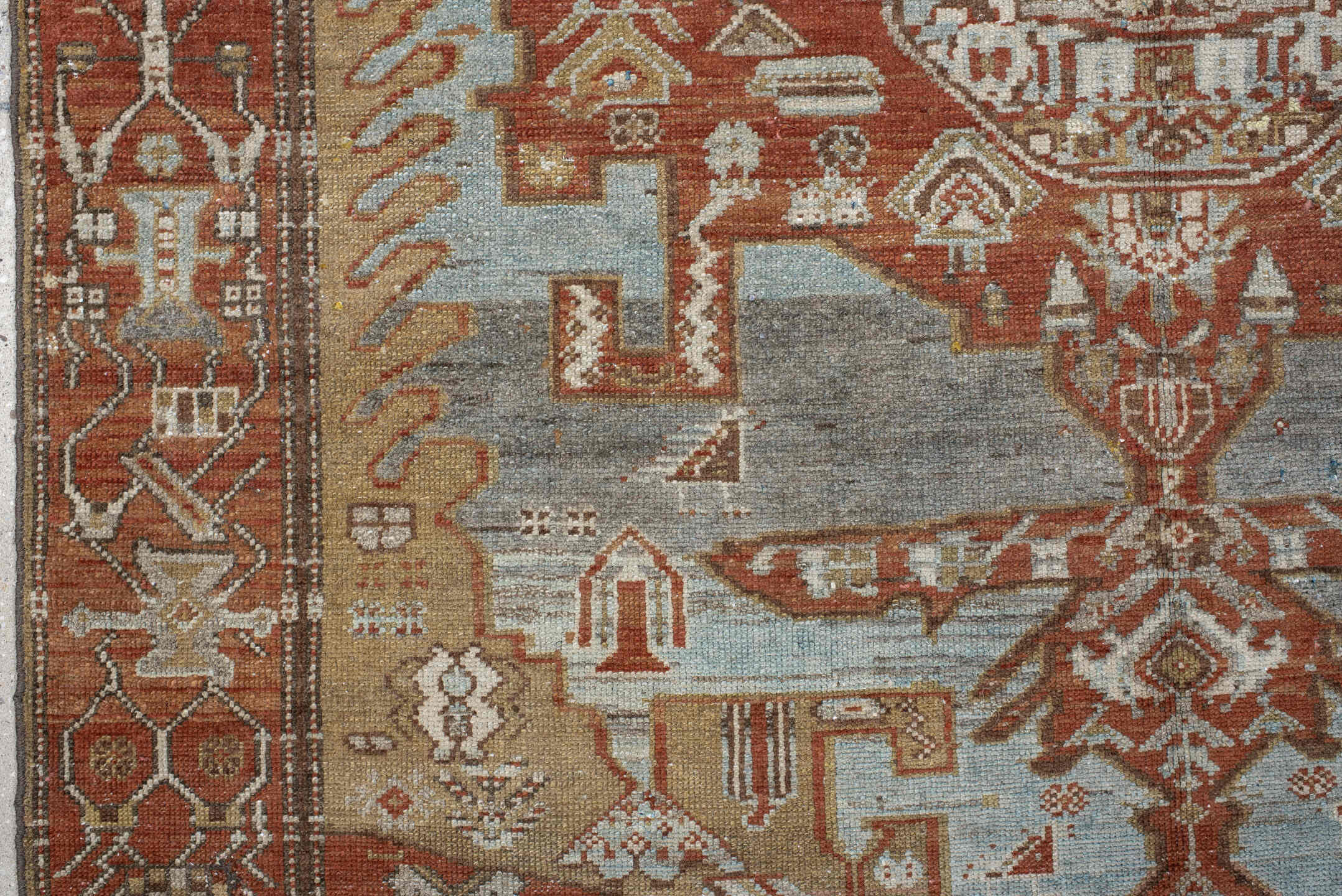 4' x 6' one-of-a-kind handmade vintage Malayer small size rug. Color palette: rust, sky blue, ivory, camel, terra cotta