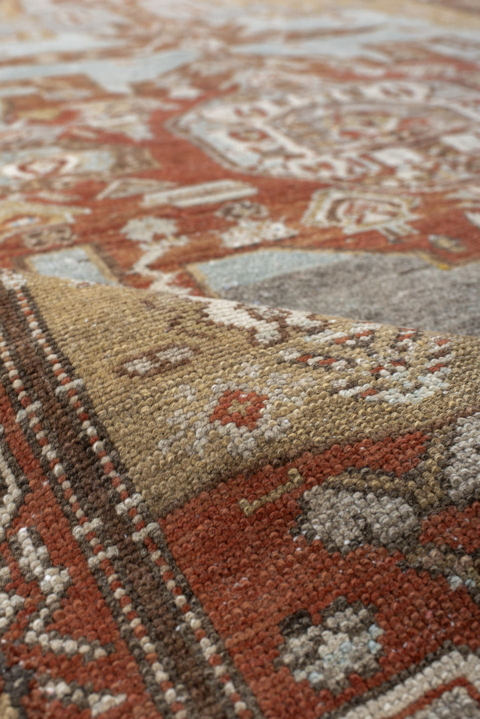 4' x 6' one-of-a-kind handmade vintage Malayer small size rug. Color palette: rust, sky blue, ivory, camel, terra cotta