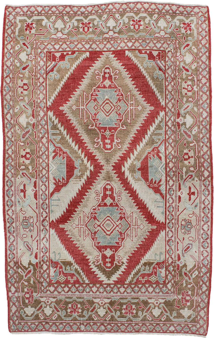 3' x 5' one-of-a-kind handmade antique Caucasian small size rug. Color palette: ivory, brick red, taupe, pale blue, camel