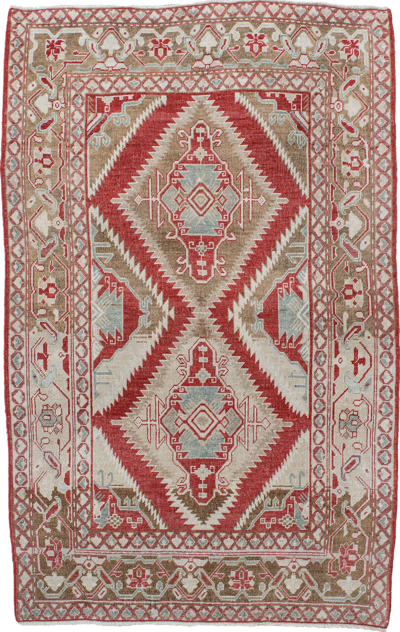 3' x 5' one-of-a-kind handmade vintage Caucasian small size rug. Color palette: brown, gray, light gray, off-white, pink