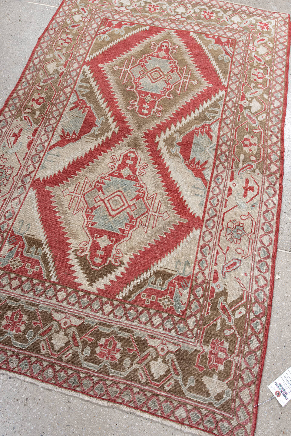 3' x 5' one-of-a-kind handmade antique Caucasian small size rug. Color palette: ivory, brick red, taupe, pale blue, camel