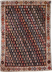 5' x 7' one-of-a-kind handmade vintage Qashqai rug. Color palette: ivory, charcoal, rust, crimson, indigo, camel, slate