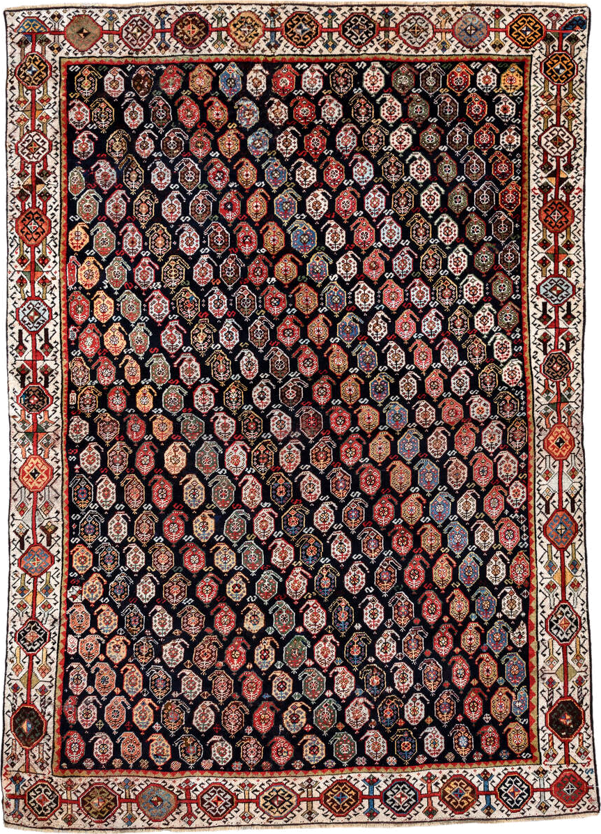 5' x 7' one-of-a-kind handmade vintage Qashqai rug. Color palette: ivory, charcoal, rust, crimson, indigo, camel, slate